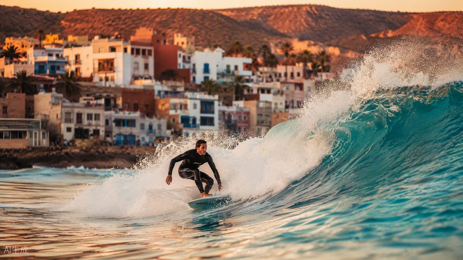 Surfer riding a wave at sunset in Taghazout